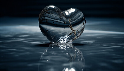Reflection of love in blue water, heart shaped wave symbolizes romance generated by AI
