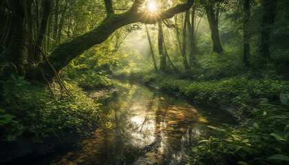 Tranquil scene of a forest with green trees and sunlight generated by AI