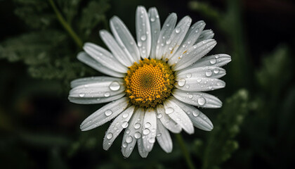 Obraz premium Vibrant chamomile blossom reflects wet meadow in summer raindrop generated by AI