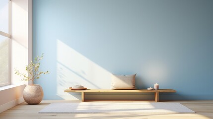 A serene meditation room with light blue walls and minimal decor, the high-definition camera capturing the peaceful and calming atmosphere.