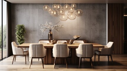 A contemporary dining room with textured walls and a statement chandelier, the high-resolution camera capturing the modern and sophisticated design.