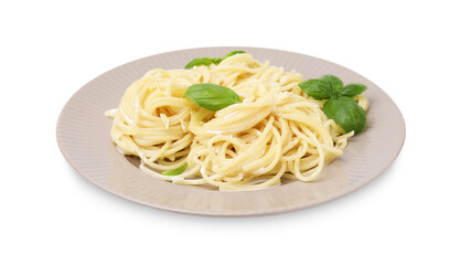 Delicious pasta with brie cheese and basil leaves on white background