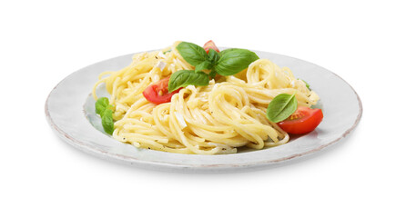 Delicious pasta with brie cheese, tomatoes and basil leaves on white background