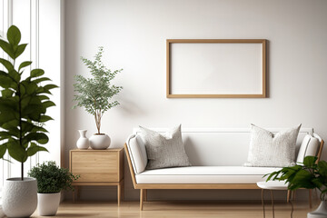 a mockup of an interior scene and frame Back view of the living room's garden as seen from the wooden cabinet behind the sofa. Generative AI