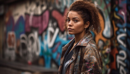 Obraz premium Young women looking at camera, confident and stylish in city generated by AI