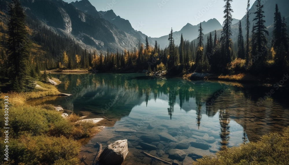 Wall mural tranquil scene of natural beauty mountain range, forest, and water generated by ai