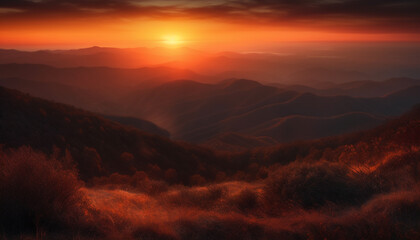 Obraz premium Majestic mountain range at dusk, tranquil horizon, panoramic beauty generated by AI