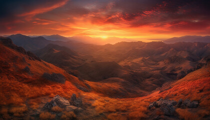 Naklejka premium Majestic mountain range, tranquil sunrise, panoramic horizon, heaven on earth generated by AI