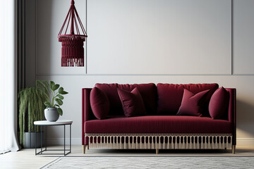 A rope-decorated dark red sofa sits on a white tiled floor in the guest room. Generative AI