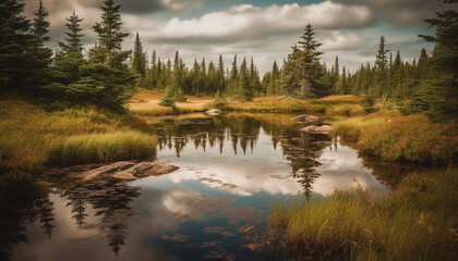 Obraz premium Tranquil scene of mountain range reflected in pond, surrounded by nature generated by AI