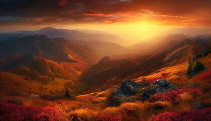 Majestic mountain range, tranquil meadow, multi colored sunset, heaven on earth generated by AI
