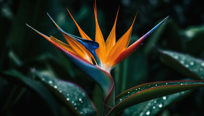 Vibrant tropical flower head in close up, multi colored petals and dewdrop generated by AI - obrazy, fototapety, plakaty