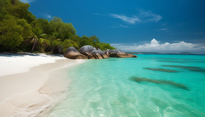 Exotic Caribbean coastline, turquoise waters, palm trees, tranquil relaxation generated by AI