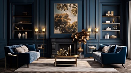 Fototapeta na wymiar A sophisticated living room with deep blue accent walls, the HD camera showcasing the opulence and refinement of the space, creating a stylish retreat.