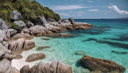 Tranquil scene of turquoise waters and granite cliffs in tropical paradise generated by AI
