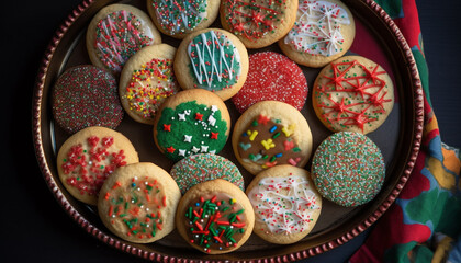 Fototapeta premium Multi colored cookies and candy canes adorn the ornate dessert plate generated by AI
