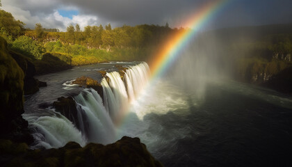 Majestic mountain cliff with flowing water, autumn tree and rainbow generated by AI