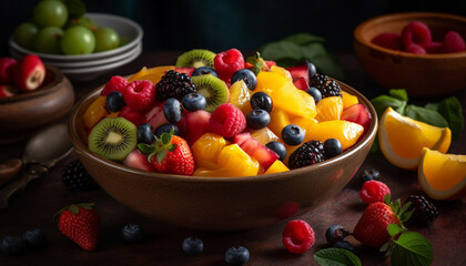 Fresh berry salad, a colorful and healthy gourmet summer snack generated by AI