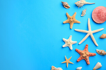 Fototapeta na wymiar Many starfishes and shells on blue background, flat lay. Space for text