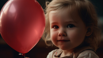 Fototapeta na wymiar Cute toddler holding multi colored balloon, smiling with joy outdoors generated by AI