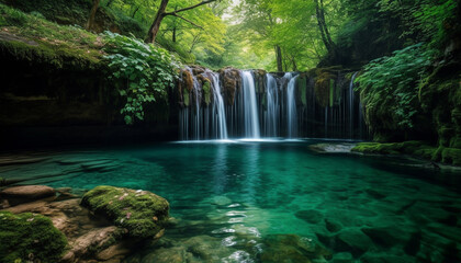 Tranquil tropical rainforest, flowing water, majestic mountain, idyllic environment generated by AI