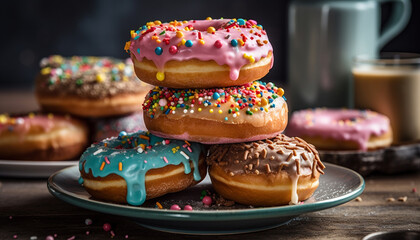 Multi colored donut stack on rustic wood plate, tempting indulgence generated by AI