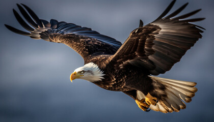Fototapeta premium Spread wings, majestic bald eagle in mid air, hunting prey generated by AI