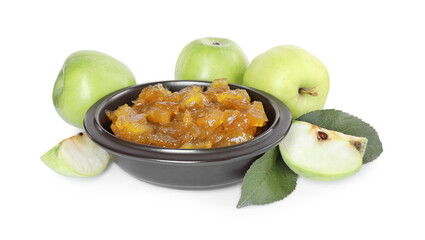 Bowl of delicious apple jam and fresh fruits isolated on white