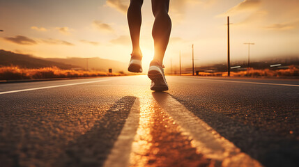 Stride of Determination, Athlete's Feet Running Towards the Morning Sunlight