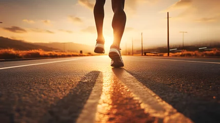 Fotobehang Stride of Determination, Athlete's Feet Running Towards the Morning Sunlight © Ash