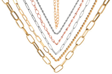 Set with different jewellery chains isolated on white