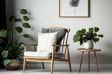 Modern apartment's wooden armchair. Generative AI
