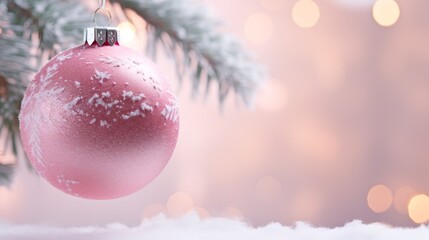 Pink Christmas ball on a spruce branch.