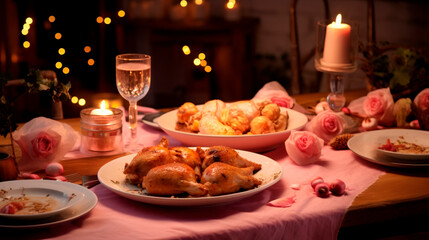 Chicken meat in plates with candles on the table. - obrazy, fototapety, plakaty