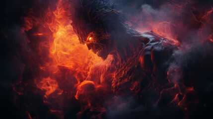 Flaming demon. Devil in the flames of fire. Fiery monster. Scary Fantasy monster. Terrible Fire Demon from hell. Red glowing eyes. Lord of Hell. Satan.