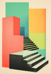 Vintage photo collage &mdash; Architectural design poster, with modern trendy style, tropical pastel colors, and architectural detail, staircase, railing, indoor plants