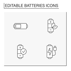 Batteries line icons set. Recharging power generators. Ecological renewable energy. Energy concept. Isolated vector illustration. Editable stroke