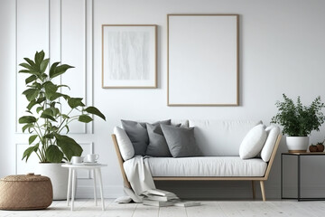 A mock-up of an empty wall with copy space in a Scandinavian-styled setting. Illustration of a minimalist interior with wooden furnishings. Generative AI