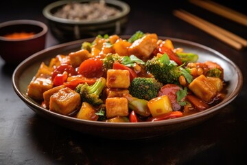 Delightful Sweet and Sour Tofu: A Vegan Culinary Masterpiece of Plant-Based Goodness with a Chinese Flair, Perfect for Dinner.

