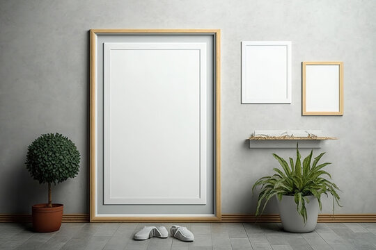 Mockups of frames against a gray wall. Generative AI