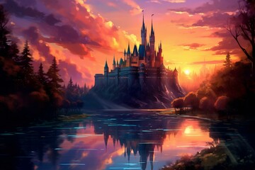 Illustration of a magical sunset landscape with castle, forest, and lake. Generative AI
