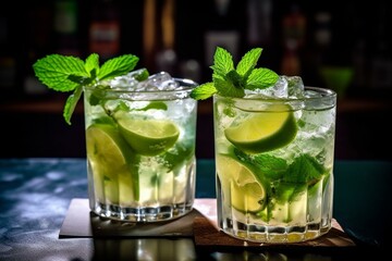Two delicious mojito cocktails, ice cubes, taiti lime, and mint leaves. Generative AI