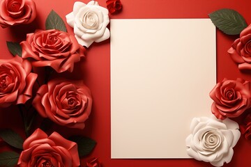 Blank paper sheet with red roses on red background, top view, Ai Generated
