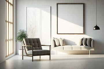 horizontal frame mockup in modern minimalistic living room with light beige armchair and sofa, sunbeams on wall, beige wall, and concrete floor. Generative AI