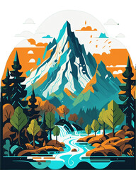 mountain painting with trees and water, detail painting, environment, detail painting, outline art, 2d game art, print as t-shirt, poster, Generative AI