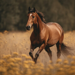 Obraz premium a brown horse galloping on a golden 