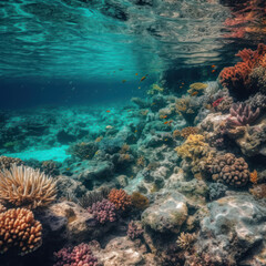  a coral reef hugging a azure sea
