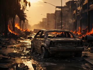 illustration of charred car in destroy city by hitting missile chaos war situation