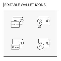 Wallet line icons set. Business plan. Credit card and money exchanging. Budget concept. Isolated vector illustrations.Editable stroke