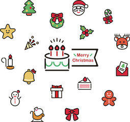クリスマス　アイコン　ピクトグラム　あしらい　飾り　シンプル　線　かわいい　イラスト素材セット